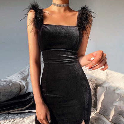 Feather Trim Velvet Bodycon Midi Dress