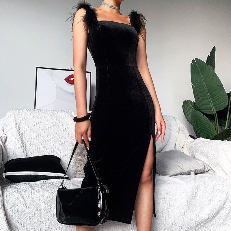 Feather Trim Velvet Bodycon Midi Dress