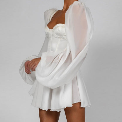 Sweetheart Puff Sleeve Corset Bodice Satin Mini Dress