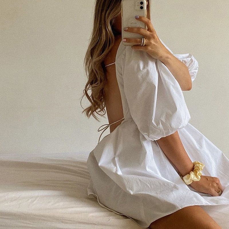 Square Neck Puff Sleeve Ruched Bodycon Mini Dress 2