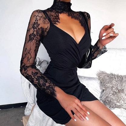Mock Neck Lace Sleeve Ruched Wrap Bodycon Mini Dress