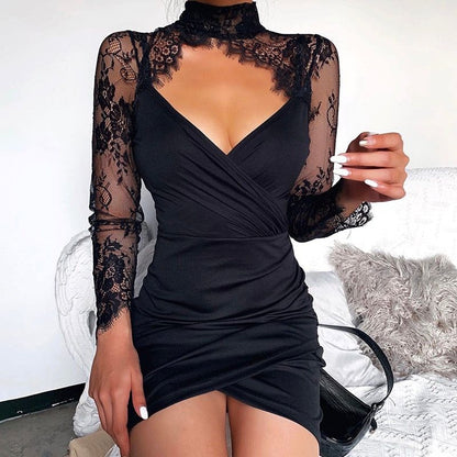 Mock Neck Lace Sleeve Ruched Wrap Bodycon Mini Dress