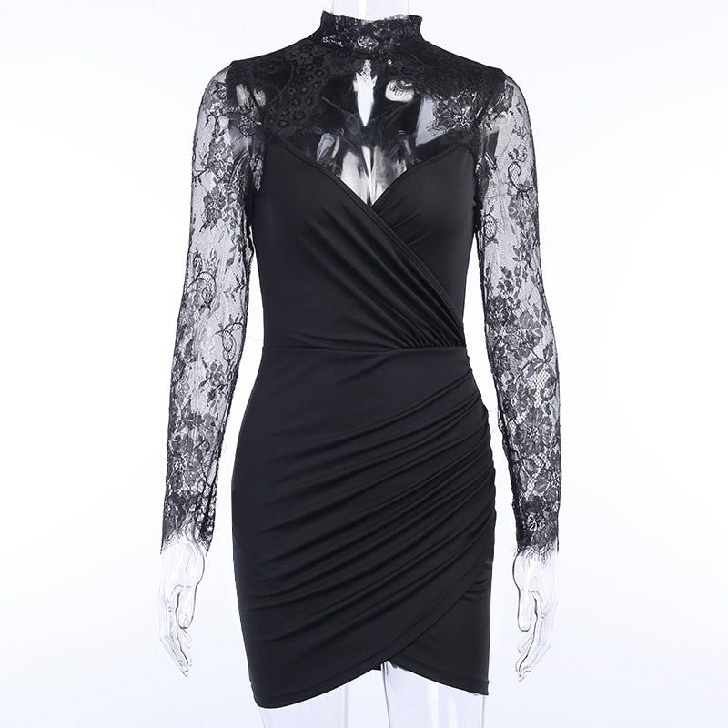 Mock Neck Lace Sleeve Ruched Wrap Bodycon Mini Dress