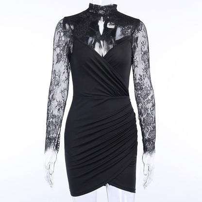 Mock Neck Lace Sleeve Ruched Wrap Bodycon Mini Dress