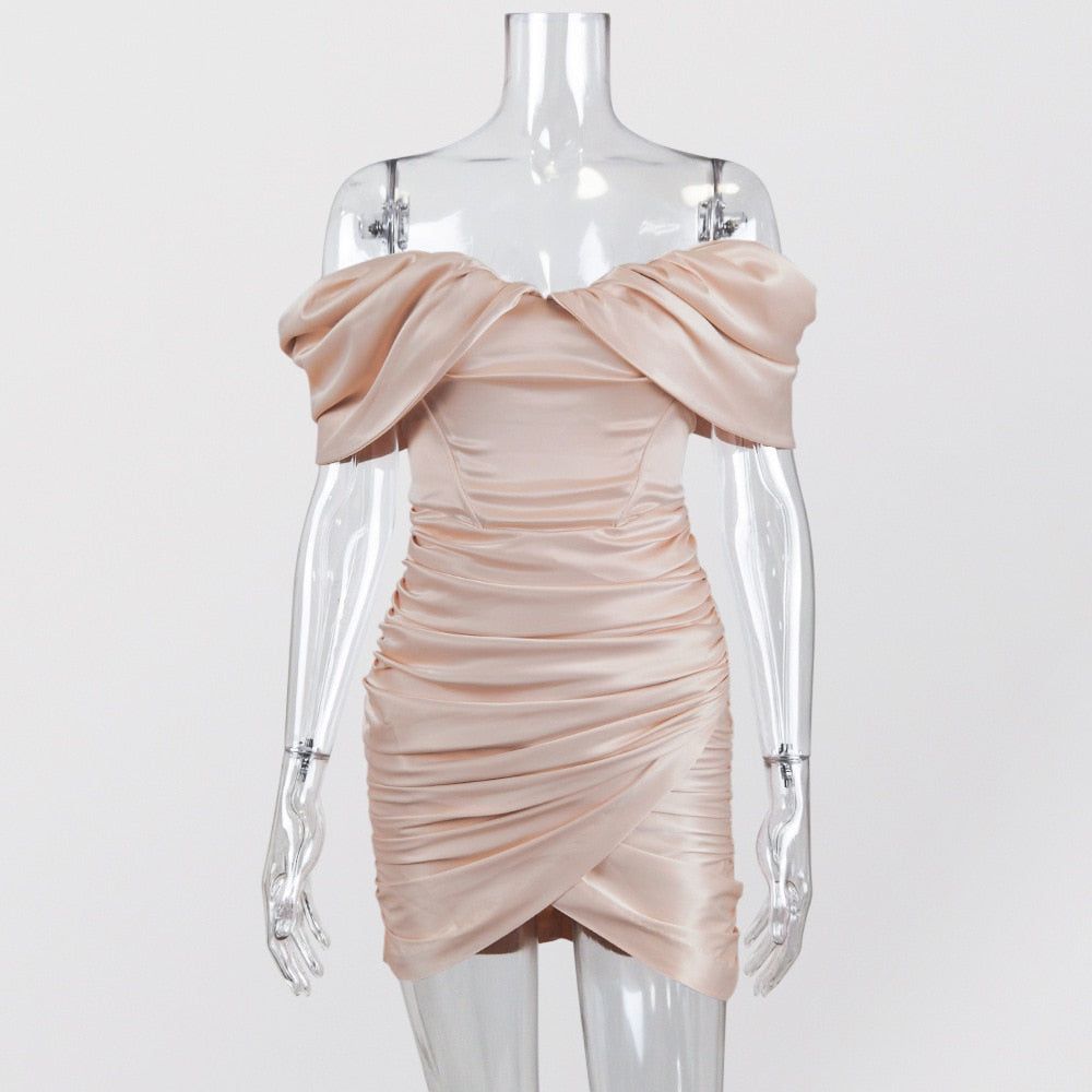 Off Shoulder Satin Ruched Bodycon Mini Dress