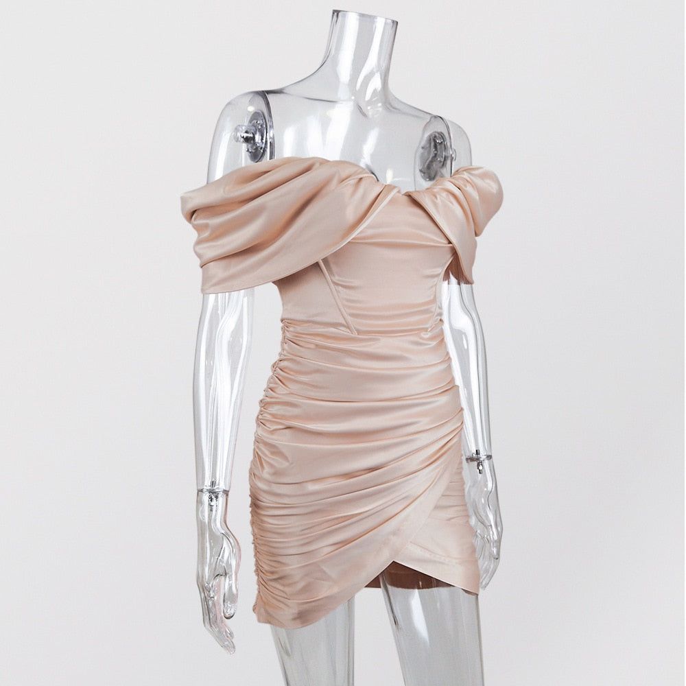 Off Shoulder Satin Ruched Bodycon Mini Dress