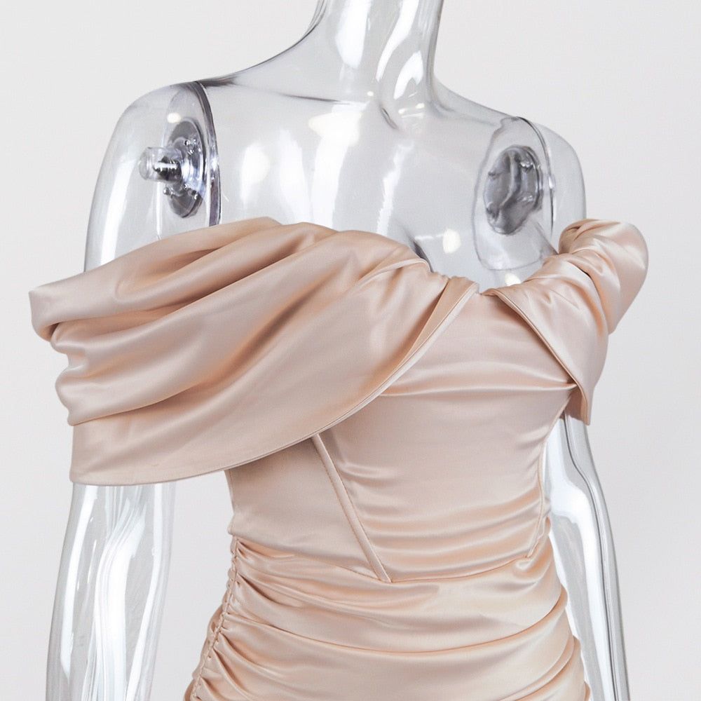 Off Shoulder Satin Ruched Bodycon Mini Dress