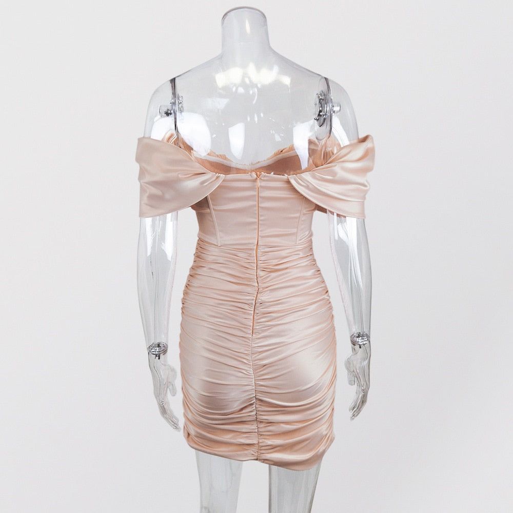 Off Shoulder Satin Ruched Bodycon Mini Dress