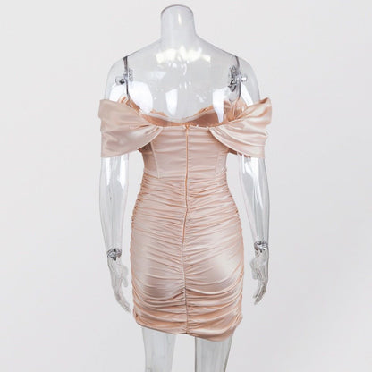 Off Shoulder Satin Ruched Bodycon Mini Dress