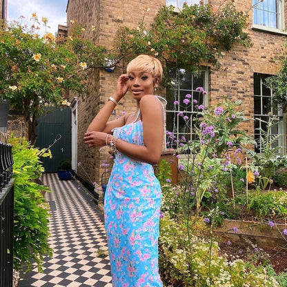 Ditsy Floral Print Square Neck Keyhole Tie Ruched Bust Bodycon Maxi Dress