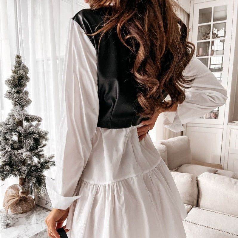 PU Leather Front Collared Long Sleeve Tiered Ruffle Mini Dress