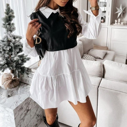 PU Leather Front Collared Long Sleeve Tiered Ruffle Mini Dress