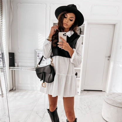 PU Leather Front Collared Long Sleeve Tiered Ruffle Mini Dress