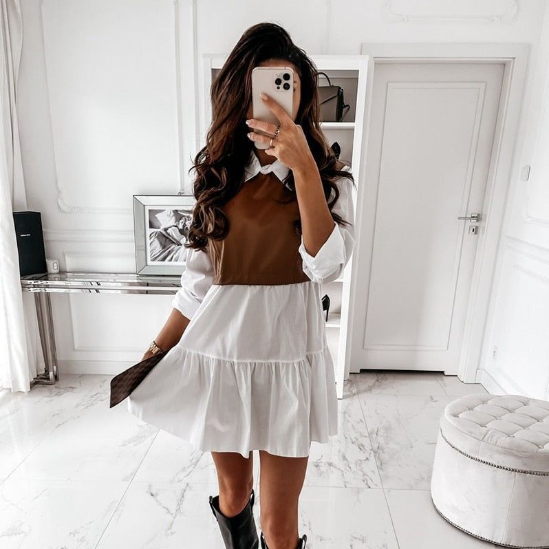 PU Leather Front Collared Long Sleeve Tiered Ruffle Mini Dress