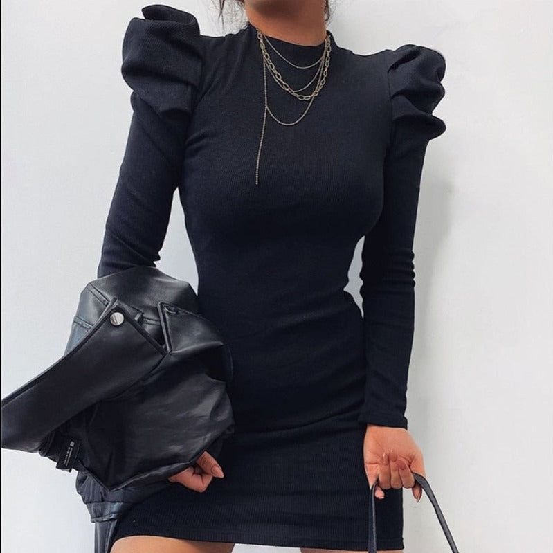 Mock Neck Puff Shoulder Ribbed Bodycon Mini Dress