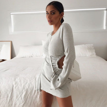 Ribbed Knit Lettuce Edge Bell Sleeve Side Cutout Mini Dress