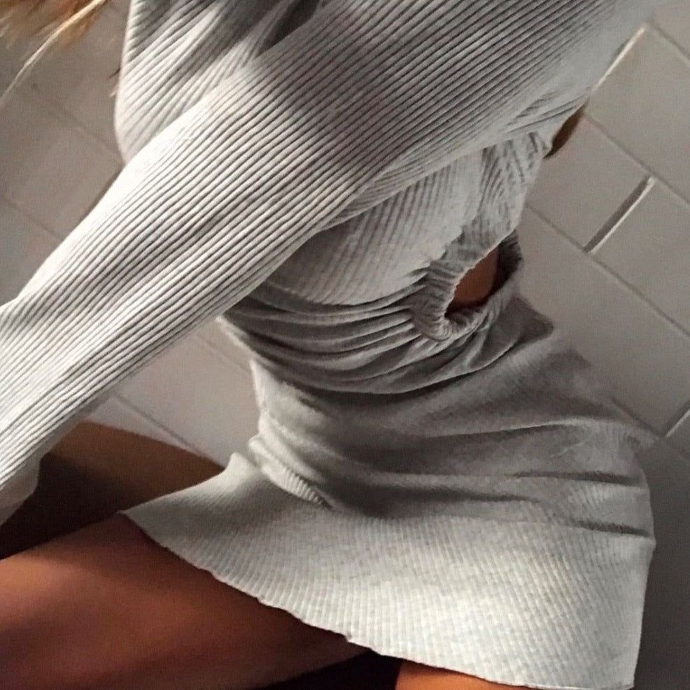 Ribbed Knit Lettuce Edge Bell Sleeve Side Cutout Mini Dress