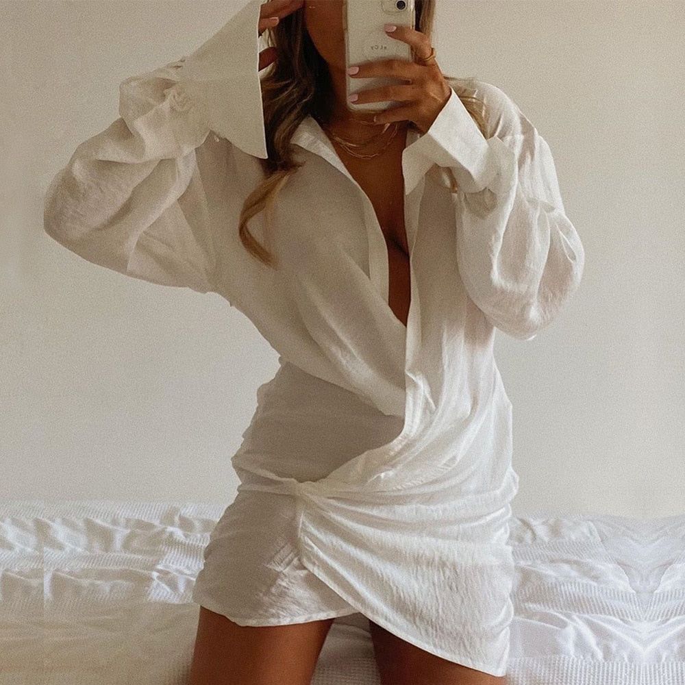 Collared Button Front Ruched Linen Shirt Mini Dress