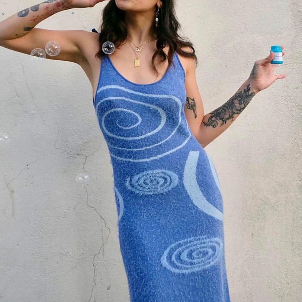 Scoop Neck Abstract Print Cutout Side Rib Knit Bodycon Midi Dress