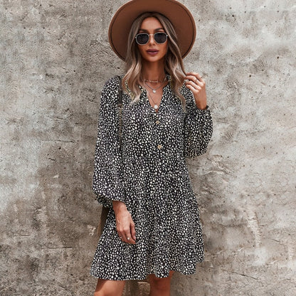 Casual V Neck Button Full Sleeve Dot Mini Dresses