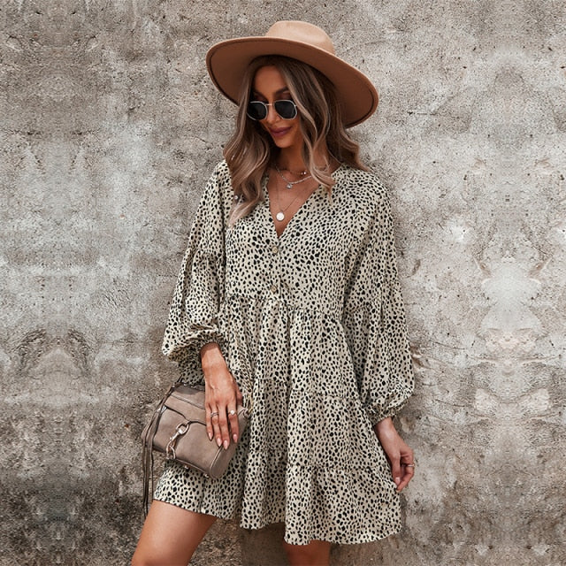 Casual V Neck Button Full Sleeve Dot Mini Dresses