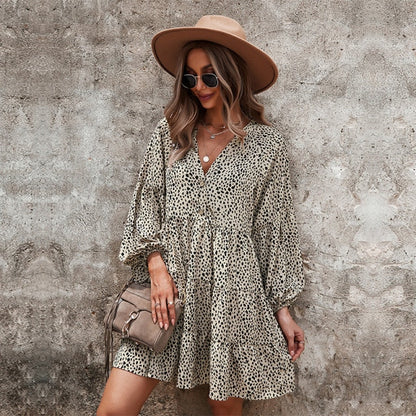 Casual V Neck Button Full Sleeve Dot Mini Dresses