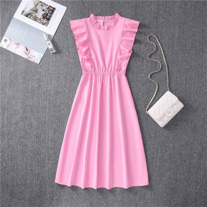 Mock Neck Flutter Ruffle Bodice Speckle Dot Print A-Line Midi Dress