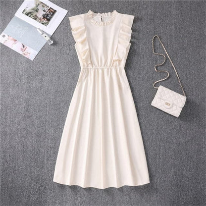 Mock Neck Flutter Ruffle Bodice Speckle Dot Print A-Line Midi Dress