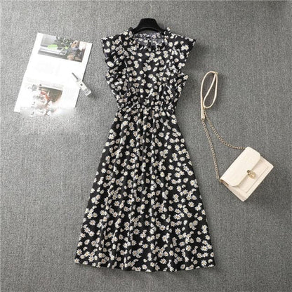 Mock Neck Flutter Ruffle Bodice Speckle Dot Print A-Line Midi Dress