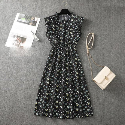 Mock Neck Flutter Ruffle Bodice Speckle Dot Print A-Line Midi Dress