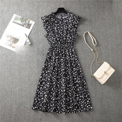 Mock Neck Flutter Ruffle Bodice Speckle Dot Print A-Line Midi Dress