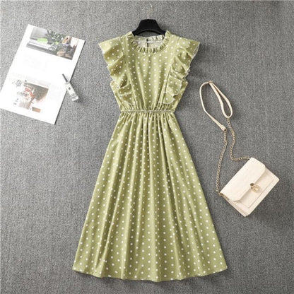 Mock Neck Flutter Ruffle Bodice Speckle Dot Print A-Line Midi Dress