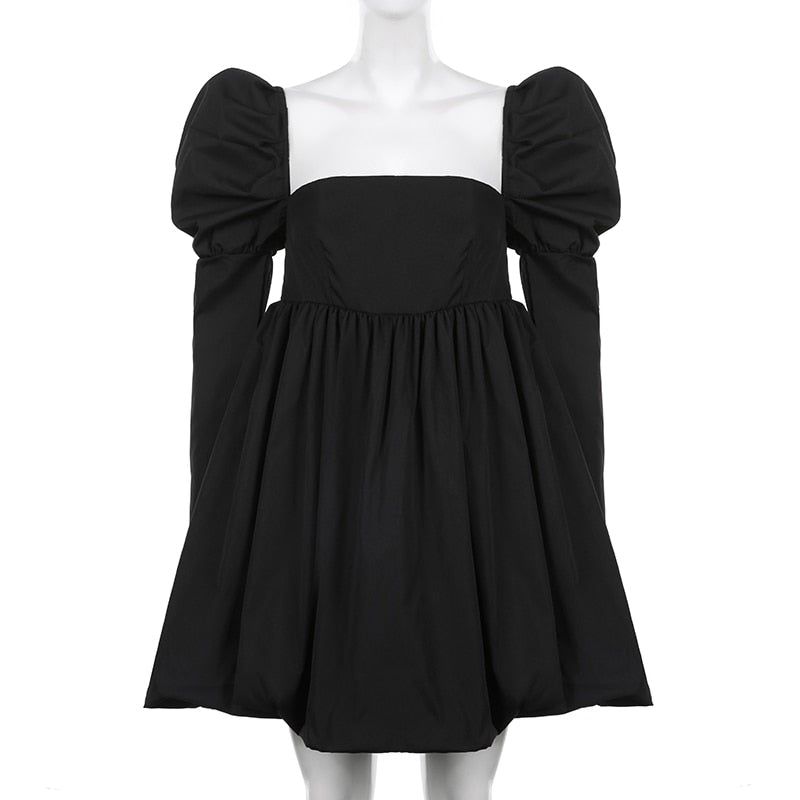 Square Neck Puff Sleeve Babydoll Bubble Hem Mini Dress