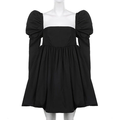Square Neck Puff Sleeve Babydoll Bubble Hem Mini Dress