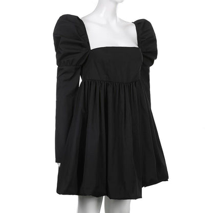 Square Neck Puff Sleeve Babydoll Bubble Hem Mini Dress