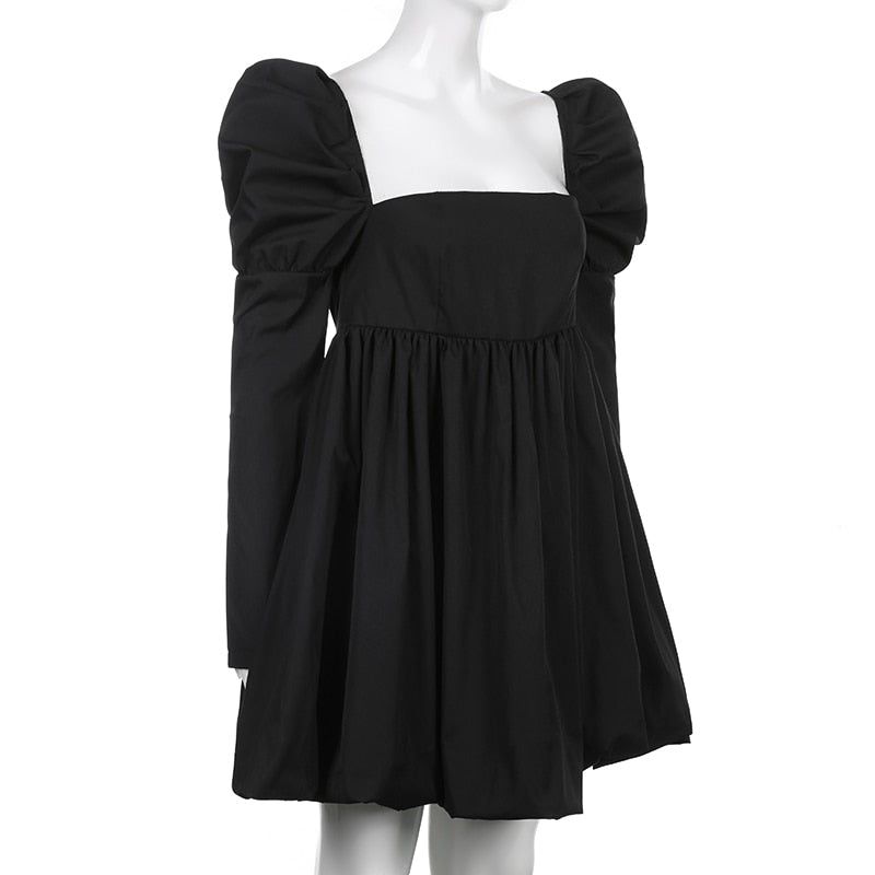 Square Neck Puff Sleeve Empire Waist Balloon Hem Mini Dress