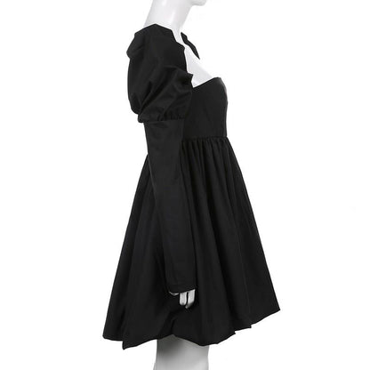 Square Neck Puff Sleeve Babydoll Bubble Hem Mini Dress