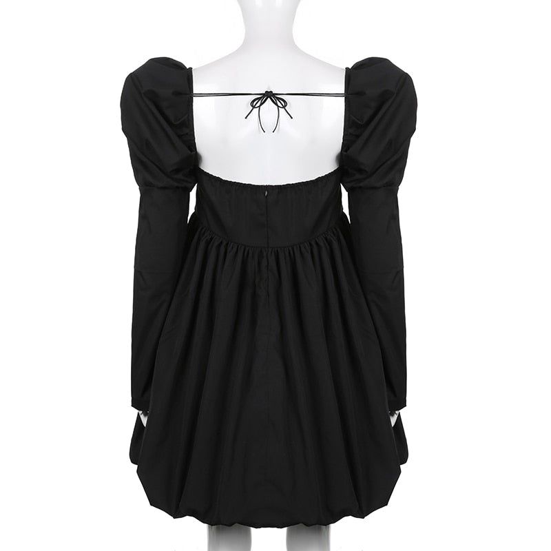 Square Neck Puff Sleeve Babydoll Bubble Hem Mini Dress