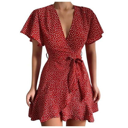 Print Wrap Deep V-Neck Flutter Sleeve Tie Waist Tiered Mini Dress