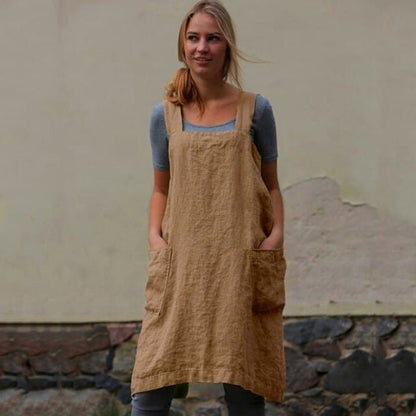 Square Neck Linen Pinafore Apron Patch Pocket Midi Dress