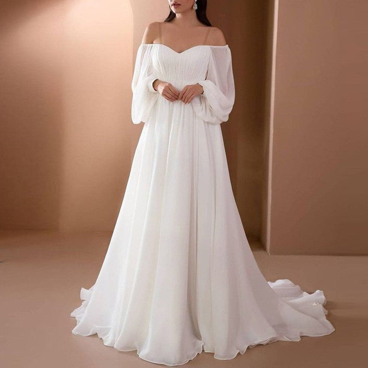 Sweetheart Off Shoulder Ruched Pleated Bodice Chiffon Puff Sleeve A-Line Gown