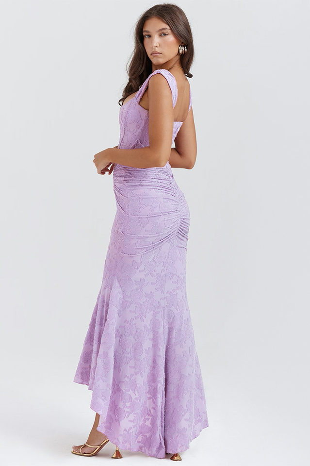 Floral Jacquard Corset Bodice Asymmetric Ruched Mermaid Midi Dress