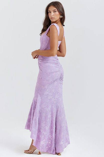 Floral Jacquard Corset Bodice Asymmetric Ruched Mermaid Midi Dress