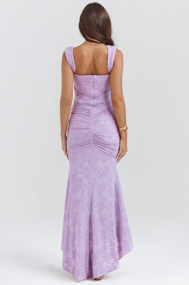 Floral Jacquard Corset Bodice Asymmetric Ruched Mermaid Midi Dress