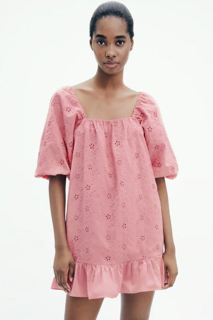 Square Neck Puff Sleeve Broderie Anglaise Ruffle Hem Smock Mini Dress