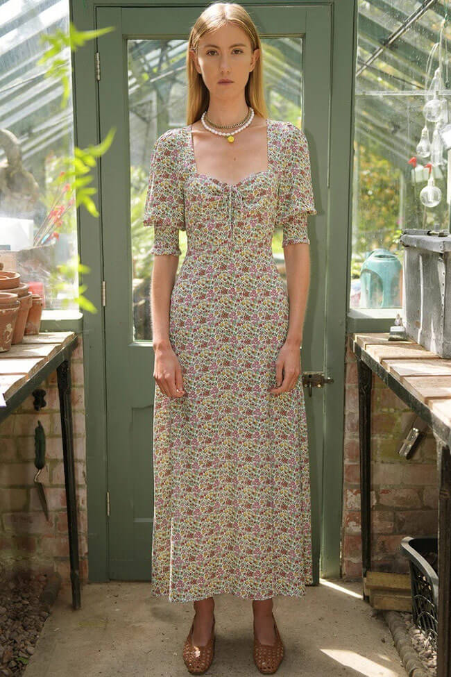 Sweetheart Tie Front Puff Sleeve Ditsy Floral Empire Midi Dress