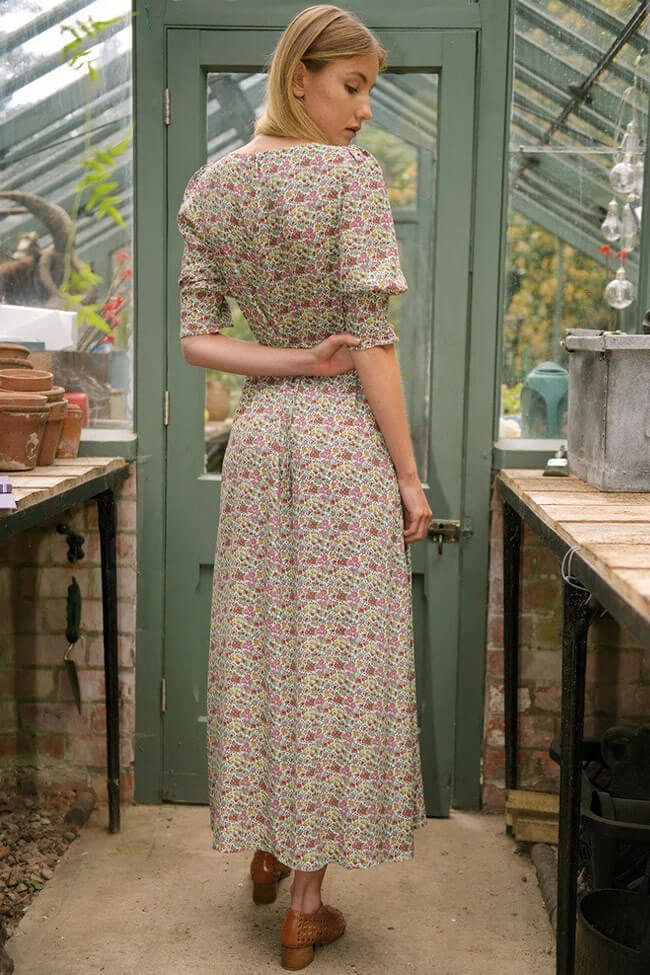 Sweetheart Tie Front Puff Sleeve Ditsy Floral Empire Midi Dress