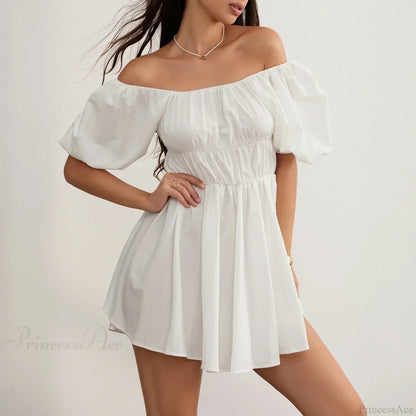 Off Shoulder Puff Sleeve Smocked Empire Waist Mini Dress