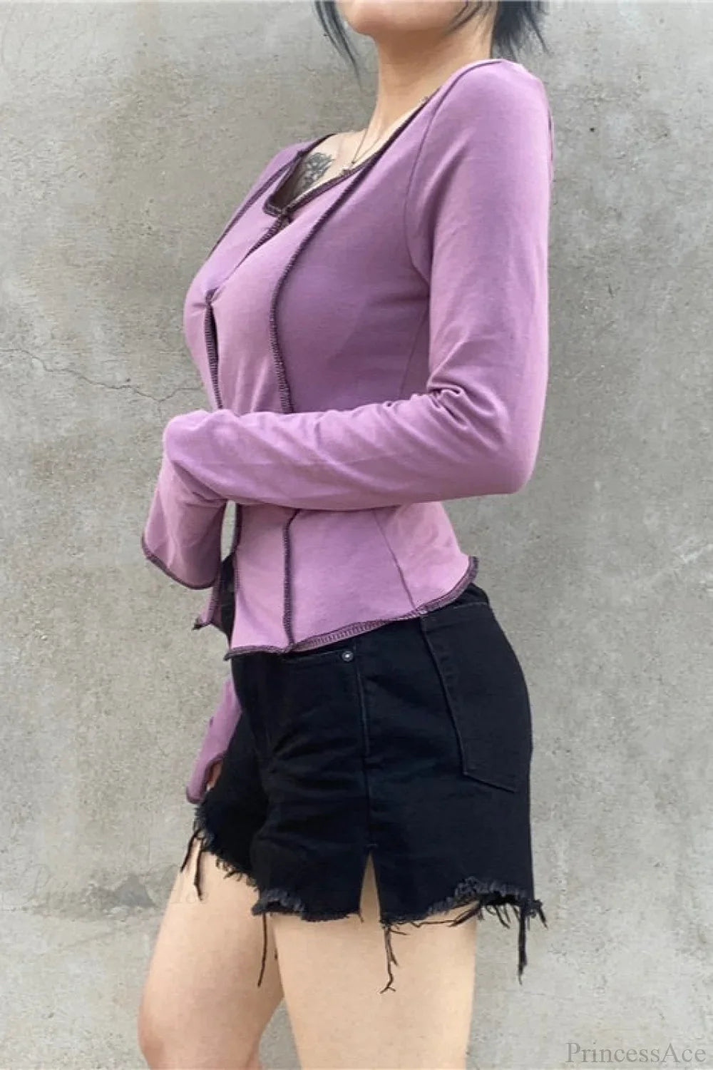 Purple Sexy Color Block Cutout Crew Neck Long Sleeve Tee