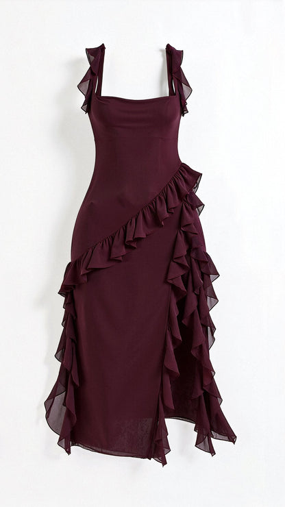 Square Neck Ruffle Strap Wrap Front High Split Ruffle Trim Midi Dress